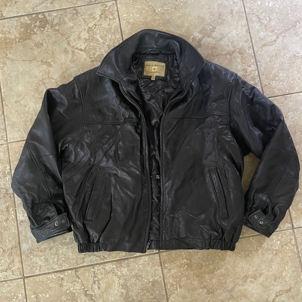 Boston Harbour Mens XXL Black Genuine Leather Bomber Jacket Outdoorwear RN 65030